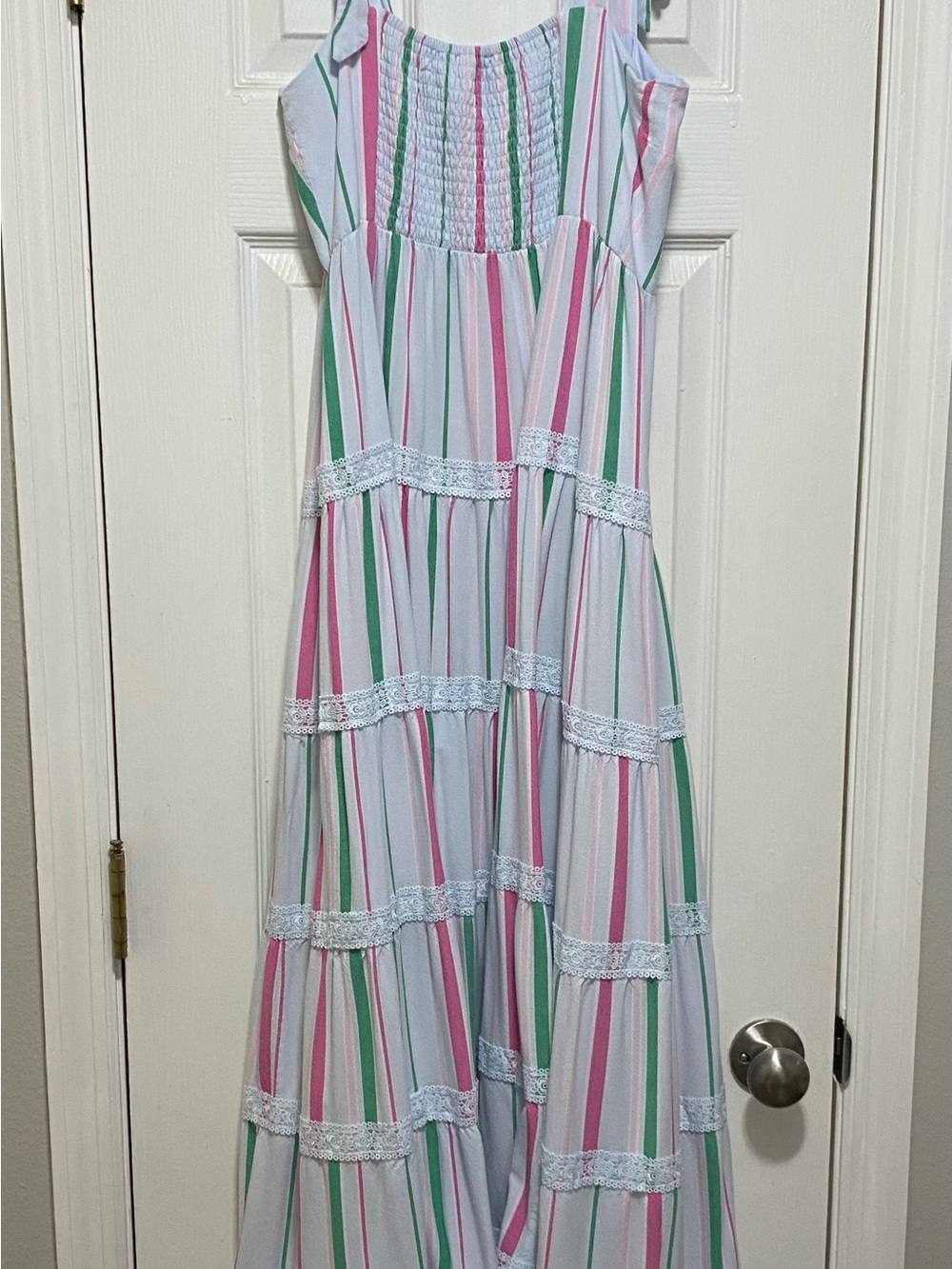 Striped Tiered Maxi Dress in Pink, Green & White - Picture 2 of 2